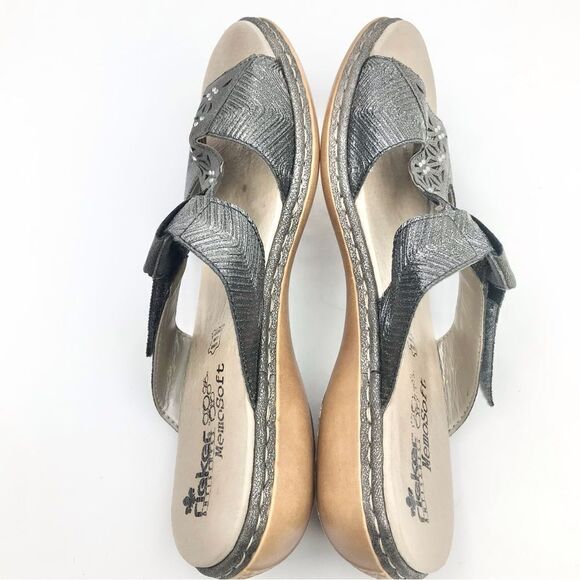 Rieker Silver Metallic Laser Cut Rhinestone MemoSoft Antistress Slide Sandals - Picture 5 of 16